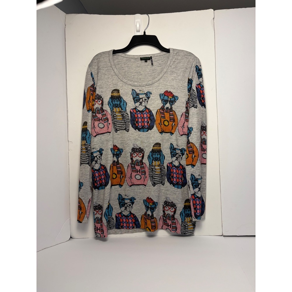 Tricotto Womens Gray Dog Graphic Long Sleeve Knit Top Sweater Size M Turkey